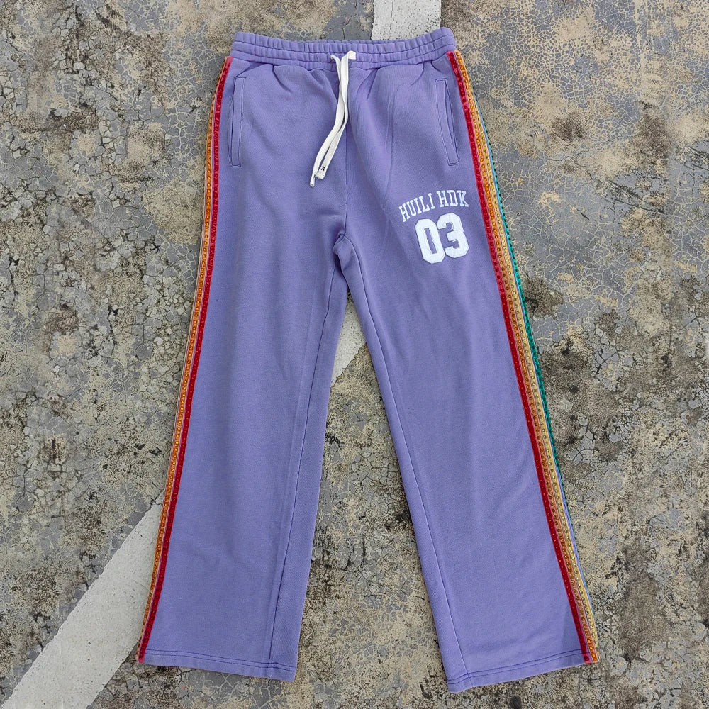 Huilin Heavywieght French Terry Sweat Pants Custom Logo Embroidery Patched Wide Leg Men Side Colored Rhinestone Sweatpants