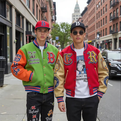 Streetwear Fashion Letterman Jacket Colored cotton Factory Custom Contrast Color Patchwork Custom Varsity Jacket Men