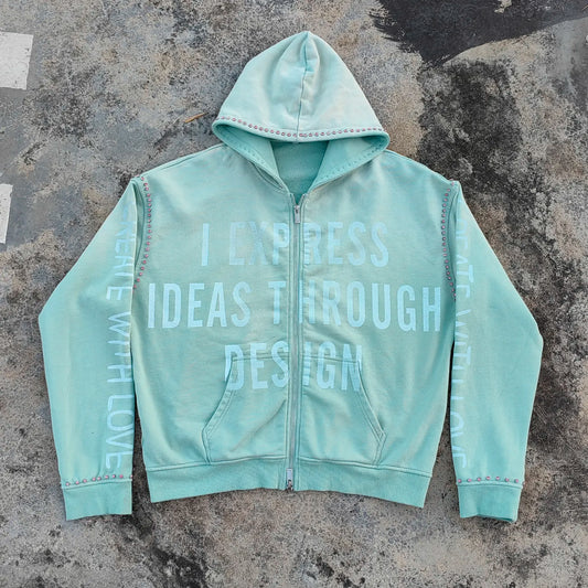 Vintage Washed Heavyweight French Terry Hoodies Oversized Fit Men Zip up Screen Printing Sunfaded Rhinestone Hoodie