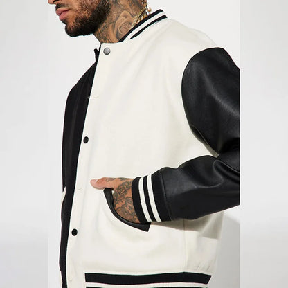 Custom Wholesale Wool Shell Letterman Bomber Jacket White Black Combo Faux Leather Sleeves Colorblock Varsity Men's Jacket