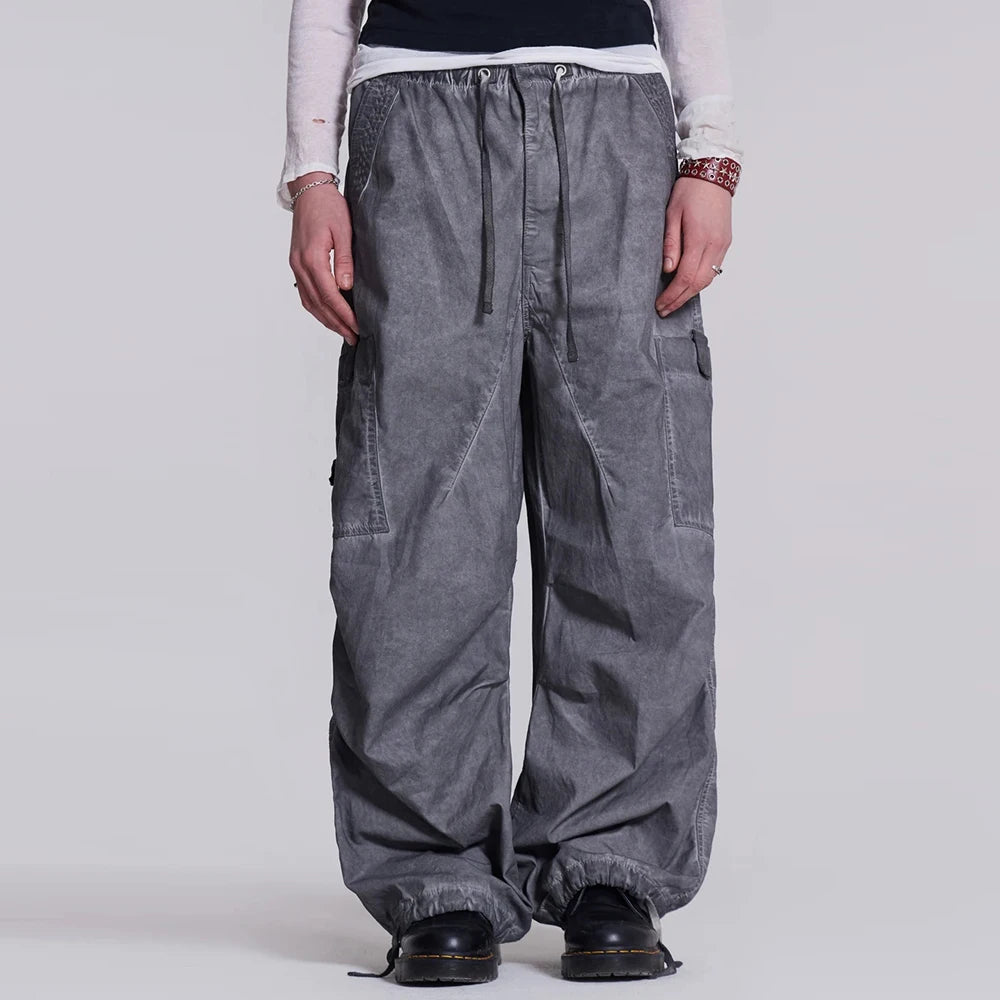 Huilin Manufacturer Wholesale Baggy Wide Leg Cargo Track Pants Men Custom Oil Washed Vintage Grey Oversized Parachute Pants