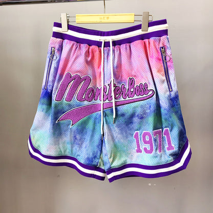 FACTORY chenille embroidery sportswear shorts drawstring waist polyester mesh baskelball shorts