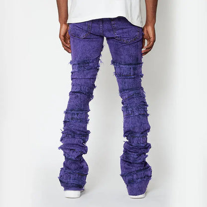 hot sales streetwear purple fashion men's jeans raw hem custom flare jeans extended stacked jeans men