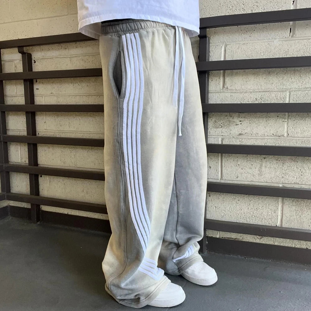 Huilin New Trend Heavyweight Cotton Oversized Track Pants Men Custom Vintage Sun Faded Washed Striped Wide Leg Sweatpants