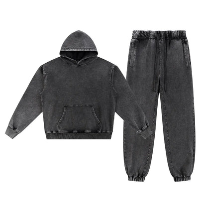 Heavyweight Cotton Supplier Low MOQ Vintage Acid Wash Blank Custom Logo Casual Hoodie And Jogger Set