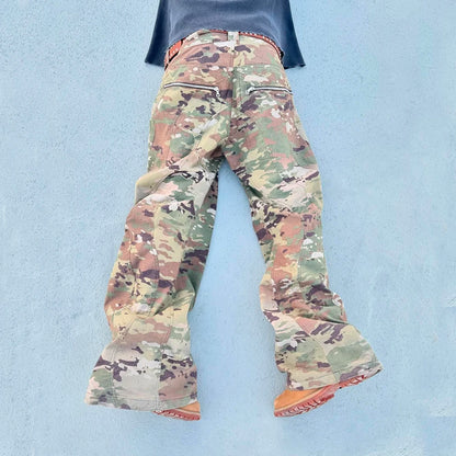 New Trend Thick Cotton Streetwear Work Pants Custom Camo Printed Men Baggy Flared Wide Leg Tactical Cargo Pants