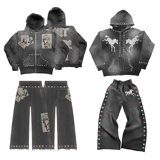 Huili Factory Oem Vintage Washed Heavyweight Sweatpants Hoodie Sets Custom Logo Printing Men Embroidery Rhinestone Tracksuits