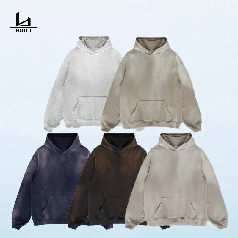 Huili Wholesale Custom Logo High Quality 100% Cotton Vintage Style Acid Washed Hoodie Plain Neck Men's Hoodies