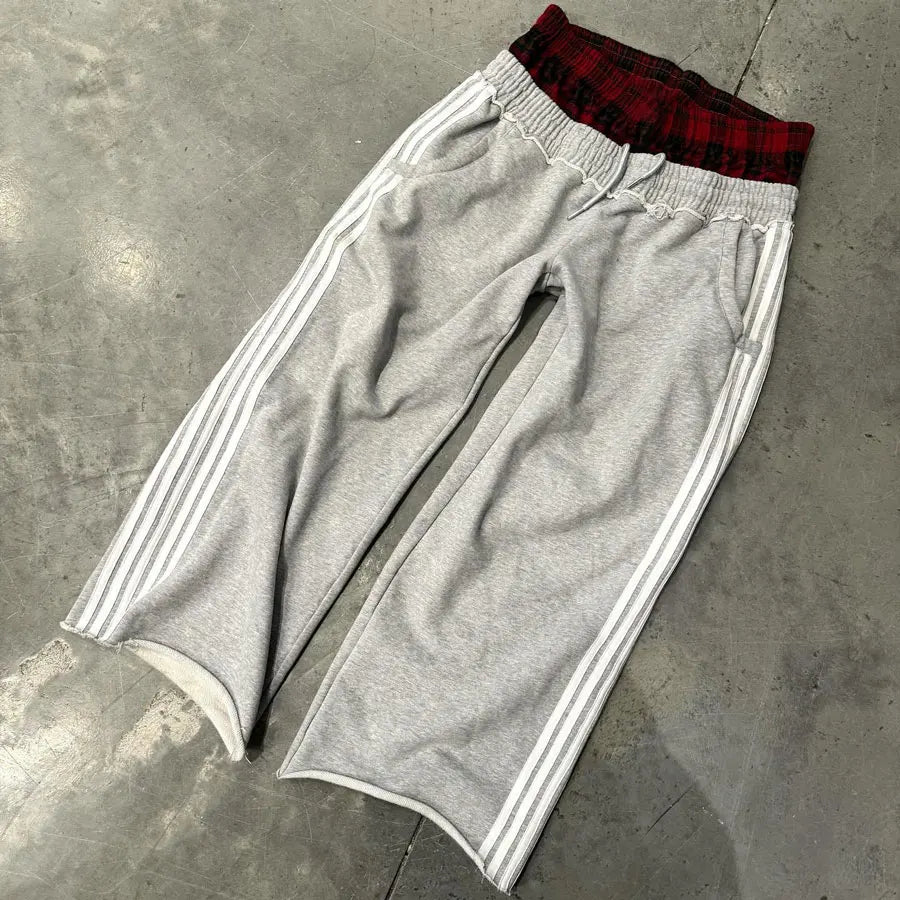 Huilin Oem Baggy Oversized Wide Leg Sweat Pants Men Custom Cut Edge Raw Hem Striped Side Double Waist Sweatpants