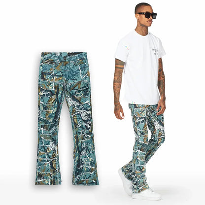 Manufacturer Multi-Patch Slim Fit Stacked Flared Denim Jeans Custom Digital Printing Camo Jeans Pants For Men