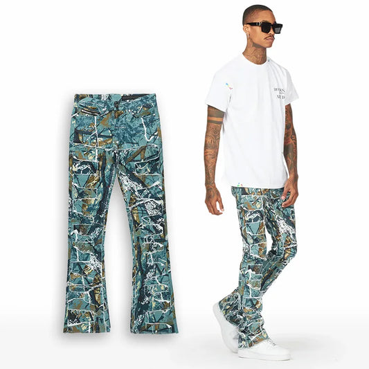 Manufacturer Multi-Patch Slim Fit Stacked Flared Denim Jeans Custom Digital Printing Camo Jeans Pants For Men