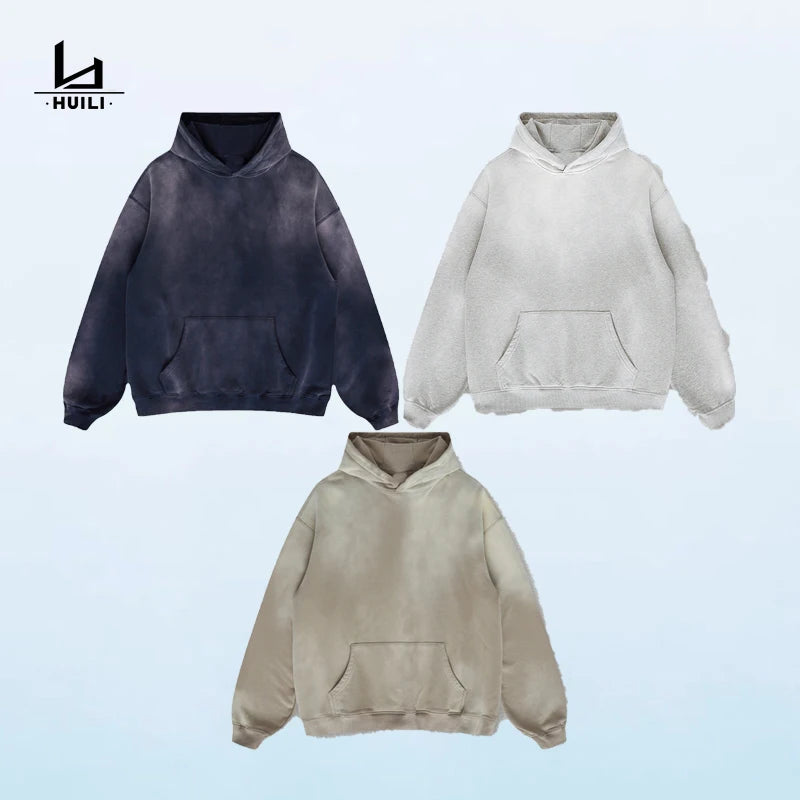 Huili Wholesale Custom Logo High Quality 100% Cotton Vintage Style Acid Washed Hoodie Plain Crew Neck Men's Hoodies