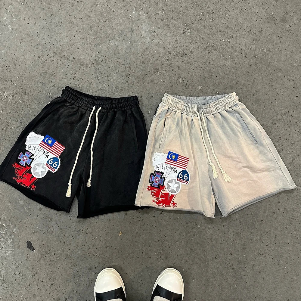 Huilin Manufacturer Sunfaded Acid Vintage Washed Thick Cotton Shorts Men Custom Logo Embroidery Patched Raw Hem Sweat Shorts