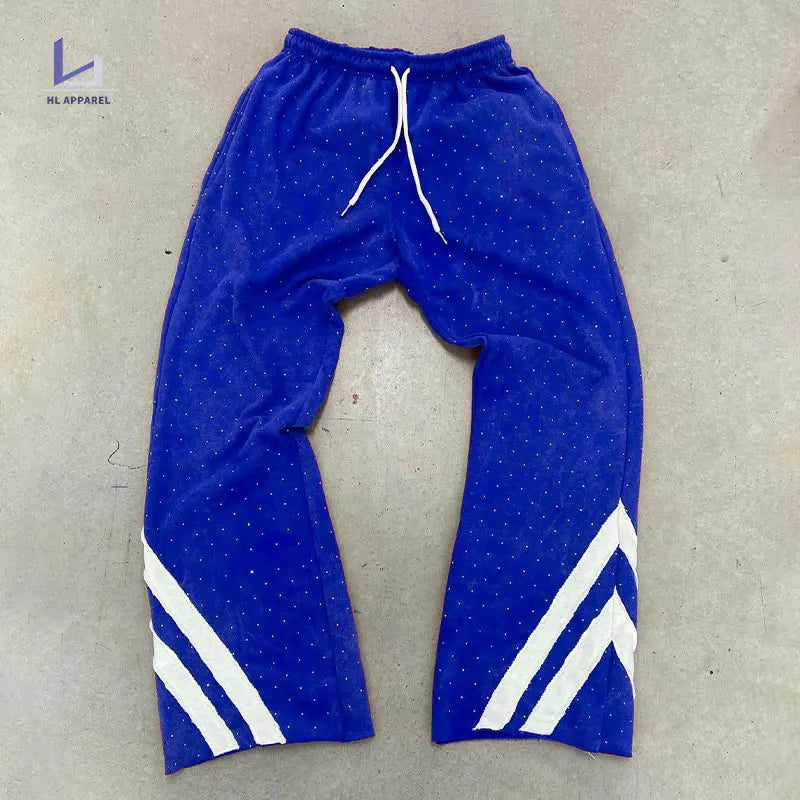 Huilin Factory Oem Custom Wide Leg Flared Sweatpants Men Rhinestone Drawstring Waist Raw Hem Sweatpants