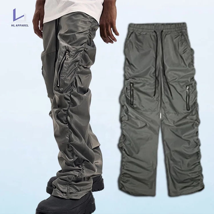 HL manufacturer custom unisex polyester bungee pants elastic adjustable nylon joggers stacked sweatpants ruched cargo pants men