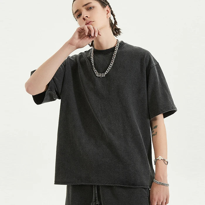 Huilin Oem High Street Fashion Raw Hem Unisex Oversized T Shirt Custom 100% Cotton Heavyweight Men Blank T Shirt