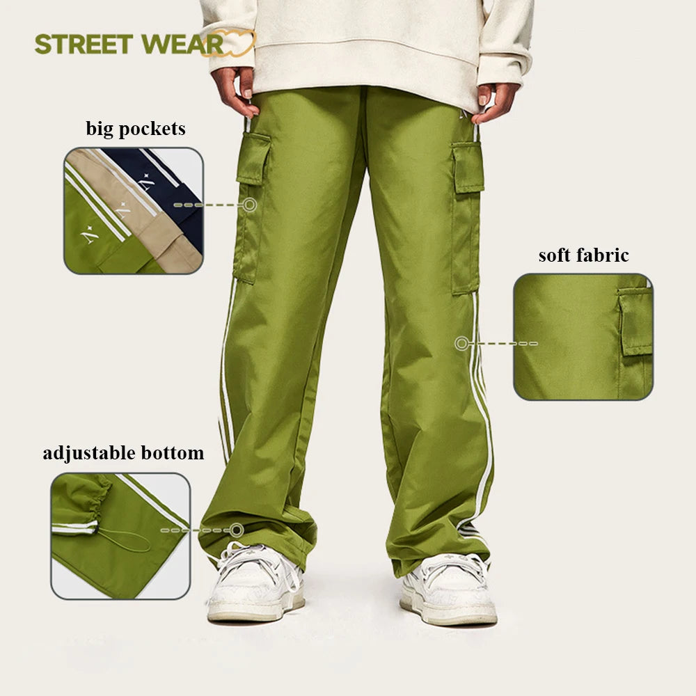 Huilin New Trend Streetwear Polyester Cargo Parachute Pants Side Striped Men Custom Baggy Wide Leg Oversized Track Pants