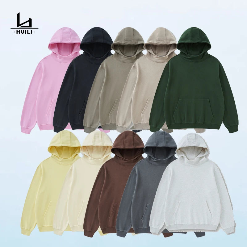 Huili Wholesale Sweatshirts Custom Thick Cotton Oversized Hoodies Unisex Solid Color Blank Pullover Hoodie