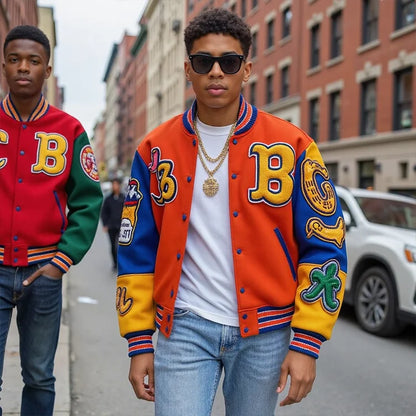 Streetwear Fashion Letterman Jacket Colored cotton Factory Custom Contrast Color Patchwork Custom Varsity Jacket Men