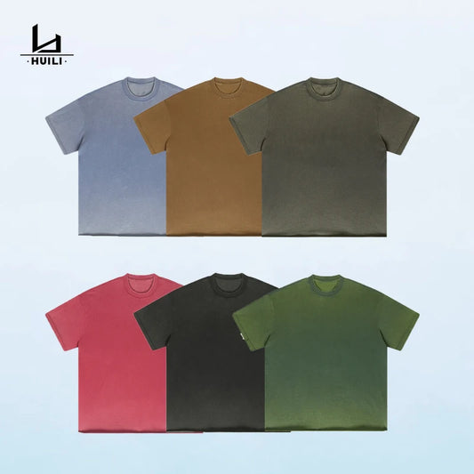 Huili Manufacturer Summer 285G 100% Cotton Acid Washed Gradually Oversized Edge Short Sleeve Vintage T-shirt for Men