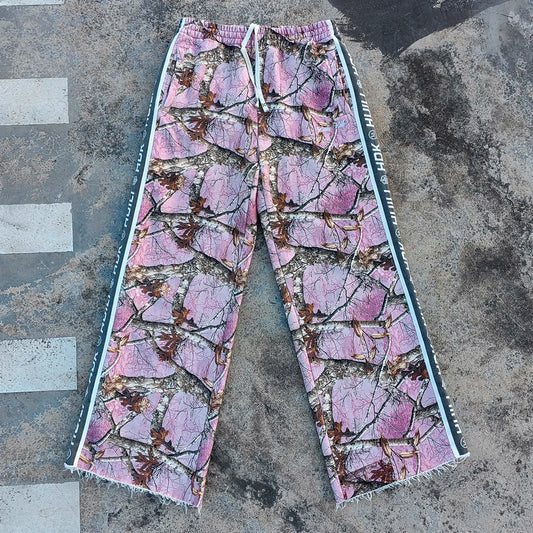 Unisex Oversized Wide Leg Track Pants Custom Allover Printed French Terry Men Raw Hem Pink Camo Sweatpants