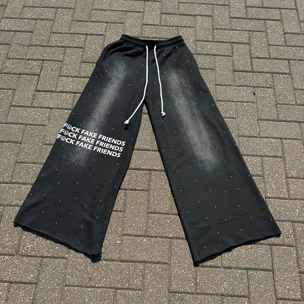 Huilin Oem Sunfaded Washed Unisex Oversized Thick Cotton Pants Custom Logo Printed Men Rhinestone Baggy Wide Leg Sweatpants