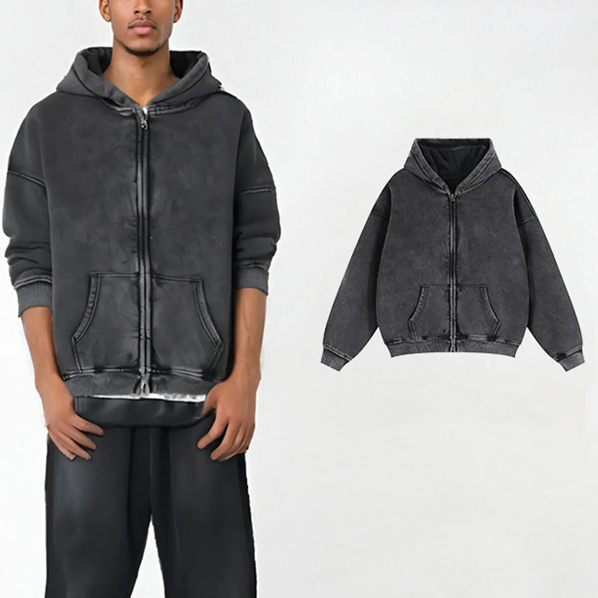 Trending Streetwear Supplier Low MOQ Vintage Oversized Blank Custom Logo Mens Full Zip up Hoodie