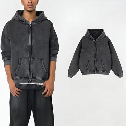 Trending Streetwear Supplier Low MOQ Vintage Oversized Blank Custom Logo Mens Full Zip up Hoodie