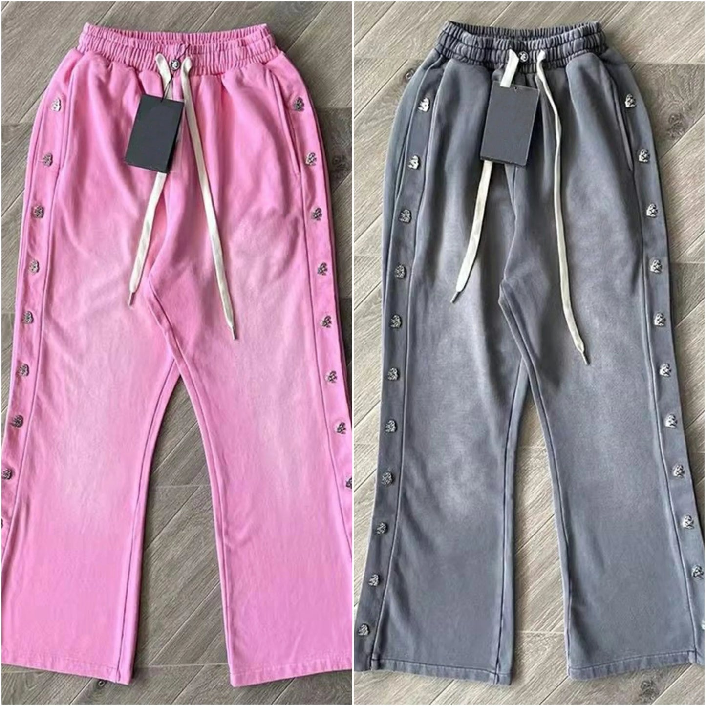 Huilin Oem Side Snap Button Design Thick Cotton Jogger Pants Men Custom Vintage Washed Wide Leg Flared Sunfaded Sweatpants