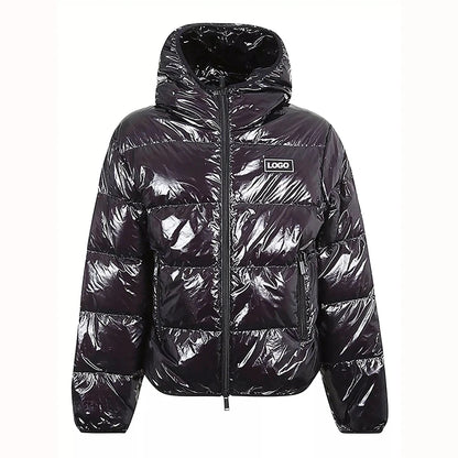 Men's winter casual fashion down coat Huili wholesale custom brand logo hooded zipper puffer coat shiny puffer jacket