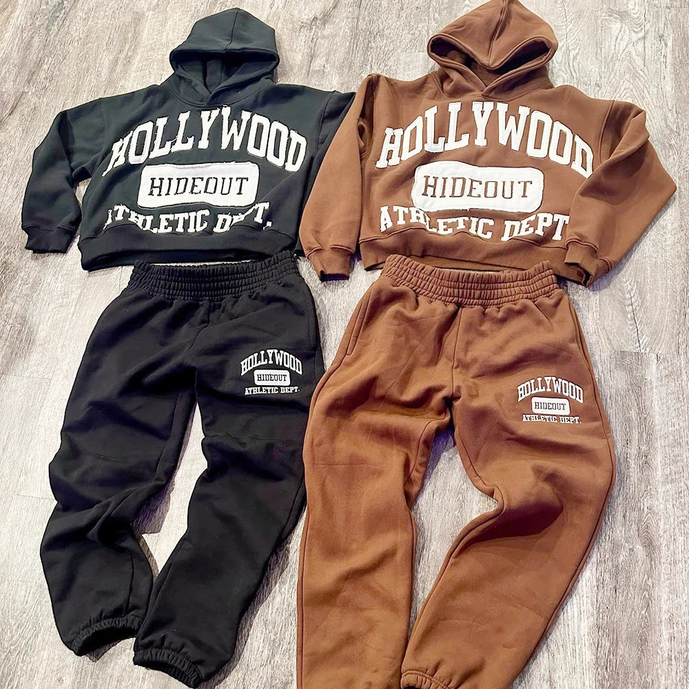 Huili Thick Cotton Two Piece Streetwear Tracksuit Custom Embroidery Logo Patched Sweatsuits Sets Men Sweatpants Hoodie Set