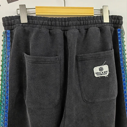 Oem Vintage gewaschene dicke Baumwoll-Jogginghose für Herren, individuelle Logo-Stickerei, gepatchte Jogginghose mit weitem Bein und seitlichen Strasssteinen