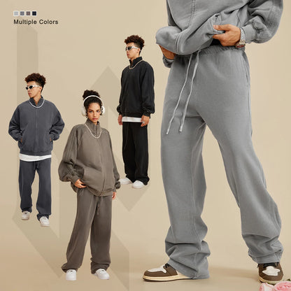 Heavyweight 450G Cotton Washed Pants Unisex Oversized Loose Fit Straight Leg Pants Side Striped Vintage Sweatpants Men