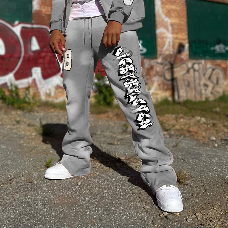 HUILI FACTORY heavyweight french terry sweatpants men faded print streetwear stacked flare sweatpants
