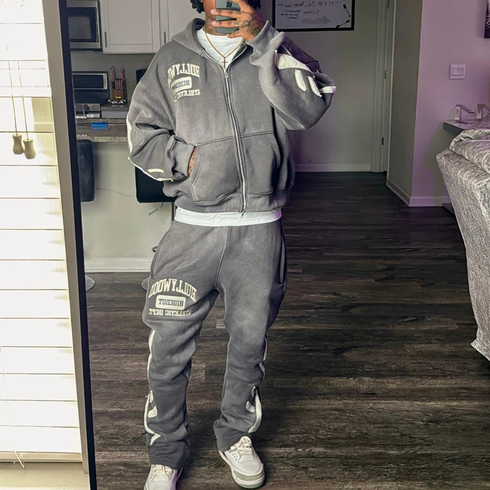 Huilin Custom Vintage Washed Heavy Cotton Streetwear Hoodie Sweatpants Sets Oem Embroidery Logo Patched Men Tracksuit Sets