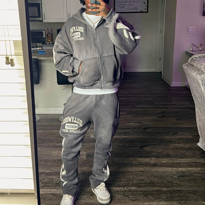 Custom Vintage Washed Heavy Cotton Streetwear Hoodie Sweatpants Sets Oem Embroidery Logo Patched Men Tracksuit Sets