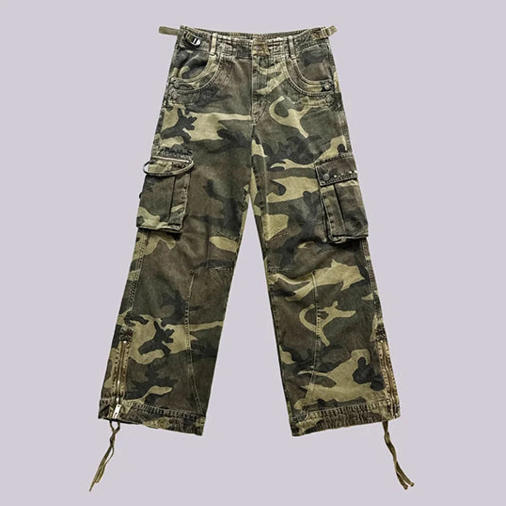 Huilin Manufacturer Oem Tactical Carpenter Outdoor Pants Trousers Custom Allover Camo Printed Men Ripstop Wide Leg Cargo Pants