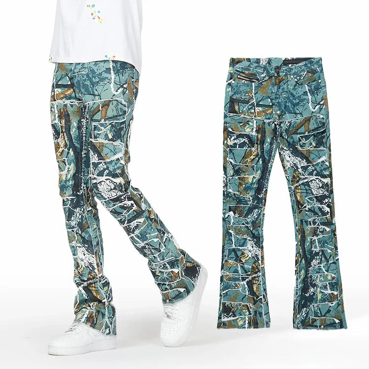 Manufacturer Multi-Patch Slim-fit Stacked Flared Pants Denim Custom Digital Printing Camouflage Jeans Men's Pants