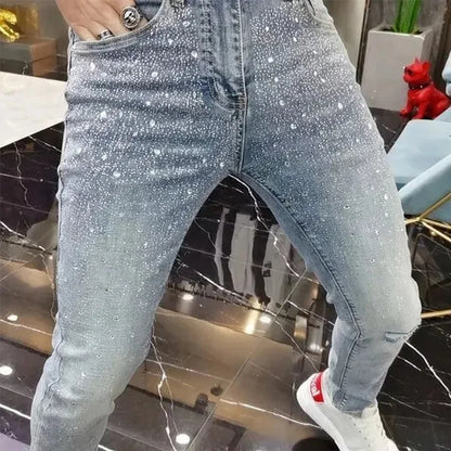 Luxury Fashion Trousers Blue Jeans Raight Leg Skinny Denim Pants Factory Custom Diamond Rhinestones Crystal Jeans Men