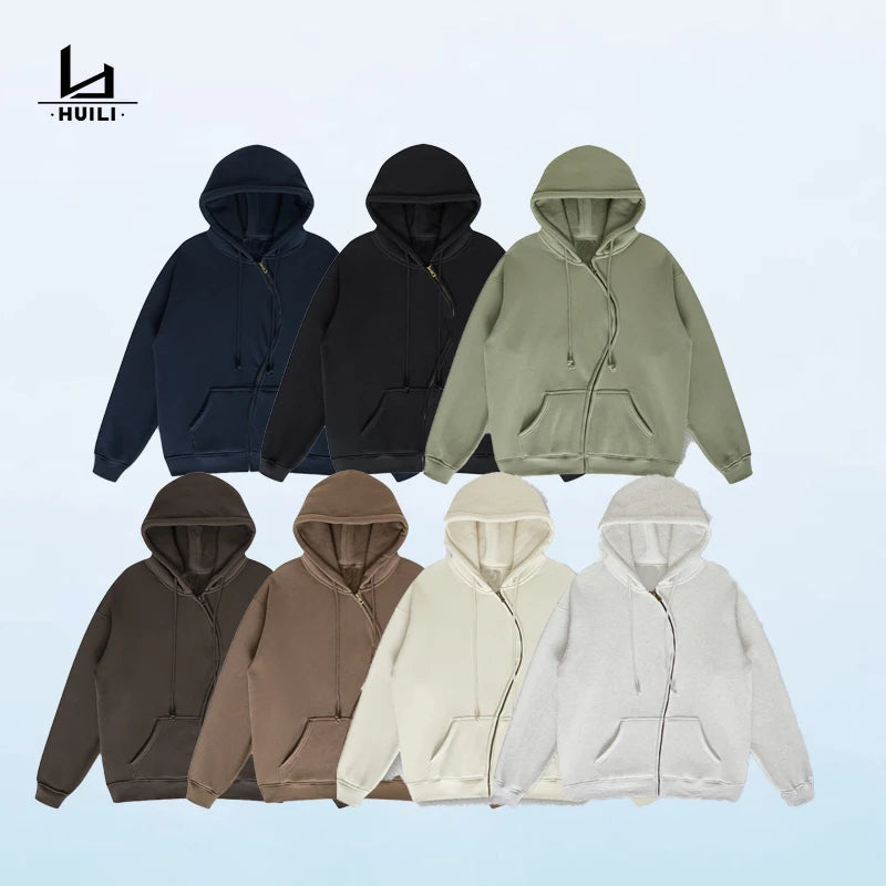 Huili Wholesale Custom Logo Winter Hip Hop Solid Polar Cotton Zipper Loose Plus Size Men's Sweatshirts Hoodies