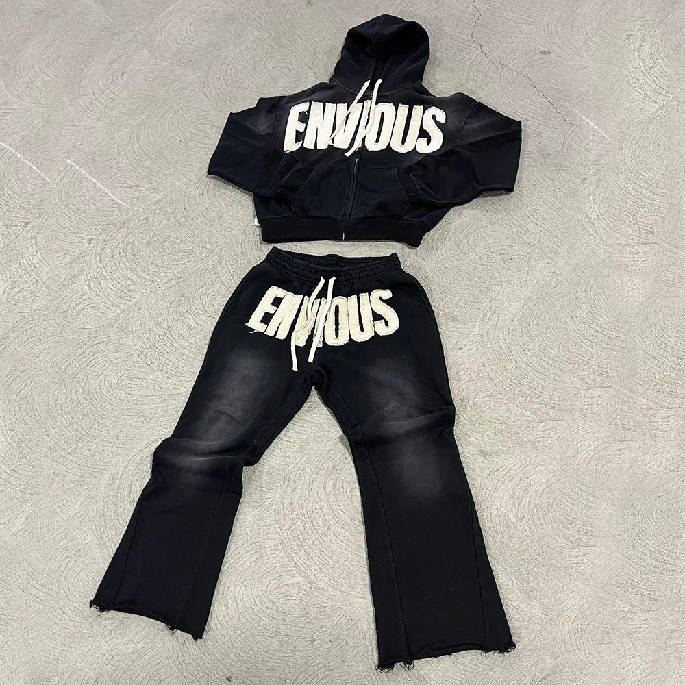 Oem Streetwear Tracksuits Sets Custom Embroidery Logo Applique Sweatsuits Men Two Piece Set Zip Up Hoodie Sweatpants