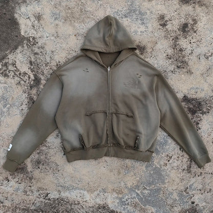 Custom Embroidery logo Zip up Hoodies Men Distressed Vintage Washed 400 Gsm Heavyweight Sunfaded Boxy Hoodie