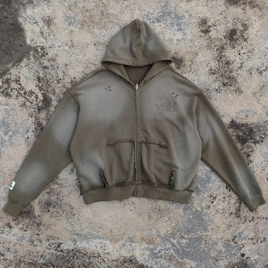 Custom Embroidery logo Zip up Hoodies Men Distressed Vintage Washed 400 Gsm Heavyweight Sunfaded Boxy Hoodie