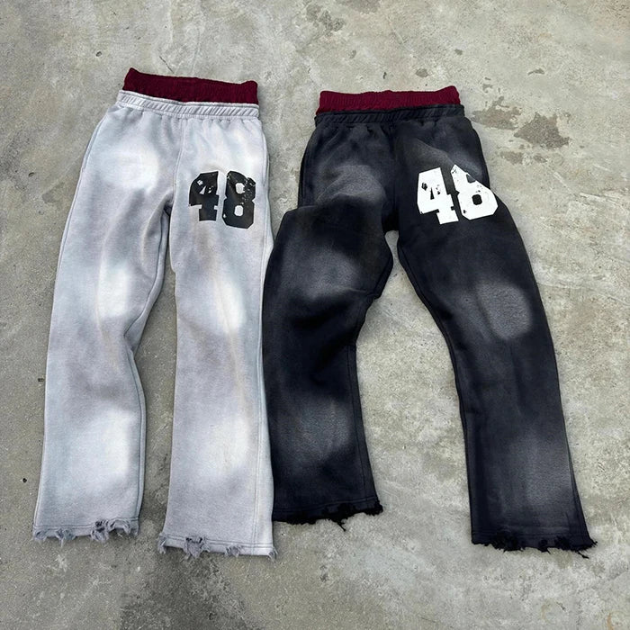 Huilin Oem Acid Vintage Washed 100% Cotton Sweatpants Striped Side Men Custom Zipper Bottom Wide Leg Double Waisted Sweatpants