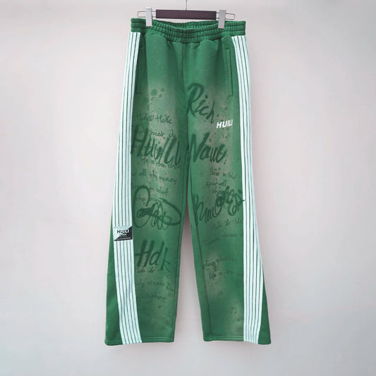 Heavyweight French Terry Joggers Pants Vintage Washed Casual Mid Sweatpants Custom Striped Trimmed Side Graffiti