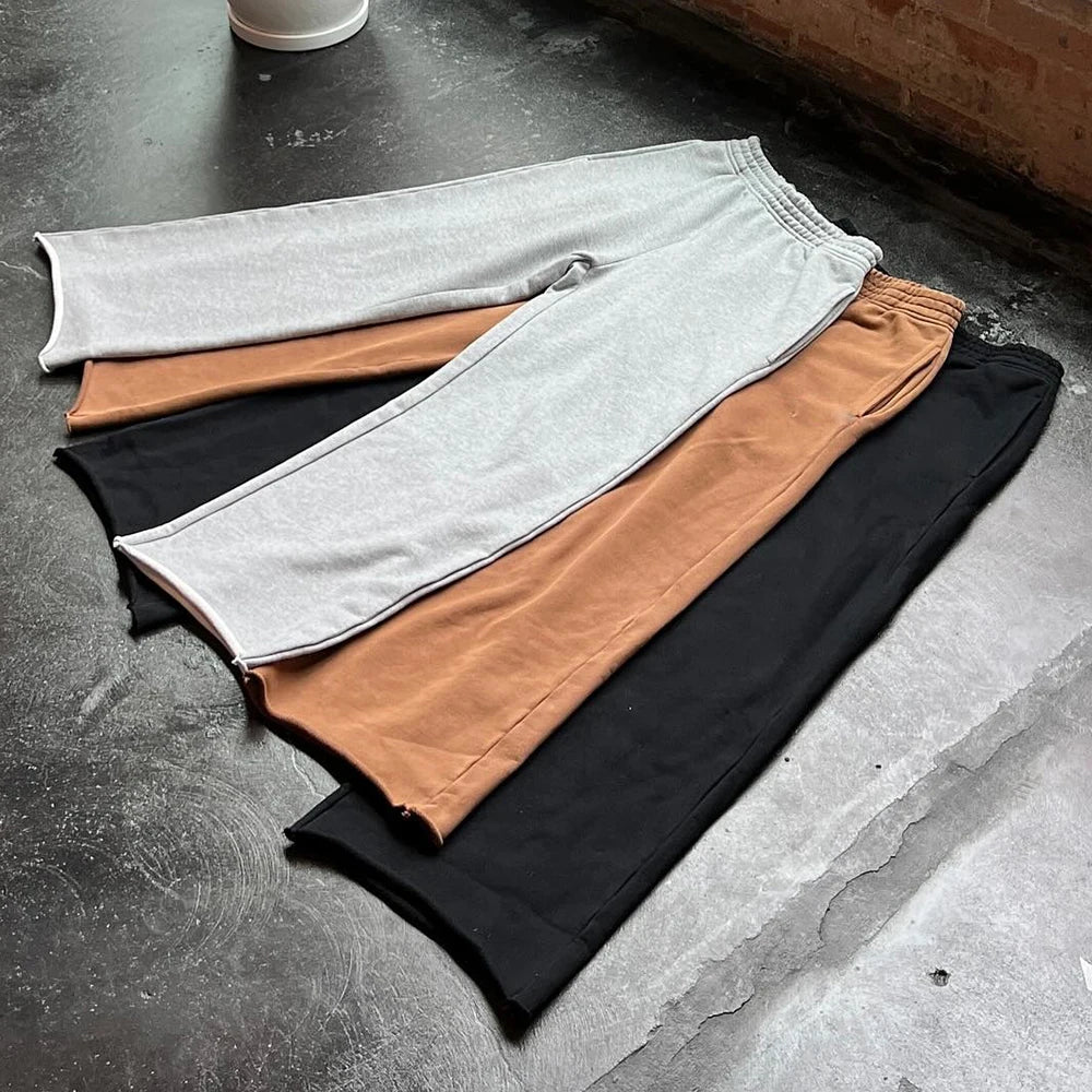 Huilin Custom Webbing Trimmed Heavyweight Jersey Sweatpants Unisex Wide Leg Relaxed Sweatpanst Men Open Bottom Sweatpants