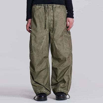 Baggy Wide Leg Cargo Track Pants Men Custom Oil Washed Vintage Grey Oversized Parachute Pants