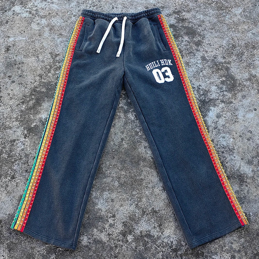 High Quality Custom 100% Cotton Heavyweight Track Pants Men Vintage Washed Side Colored Rhinestone Wide Leg Sweatpants