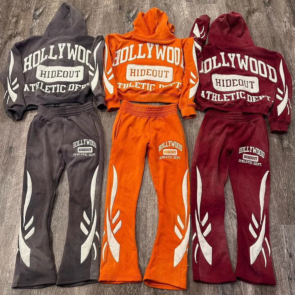 Huilin Custom Vintage Washed Heavy Cotton Streetwear Hoodie Sweatpants Sets Oem Embroidery Logo Patched Men Tracksuit Sets