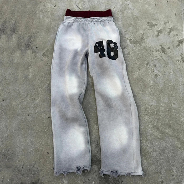 high quality custom printing logo distressed acid wash flared sweat pants men sun faded washed baggy double waisted sweatpants